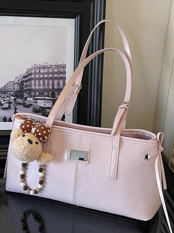 Minimalistische PU Leder Unterarmtasche Für Damen Große Kapazität Tote Bag Mit Süßem Bärenanhänger Schlichte Schultertasche