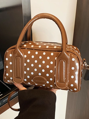 Vintage Damen Punkte Handtasche PU Leder Umhängetasche Kleine Quadratische Boston Tasche Mit Tragegriff Verstellbarem Gurt Mode Tote