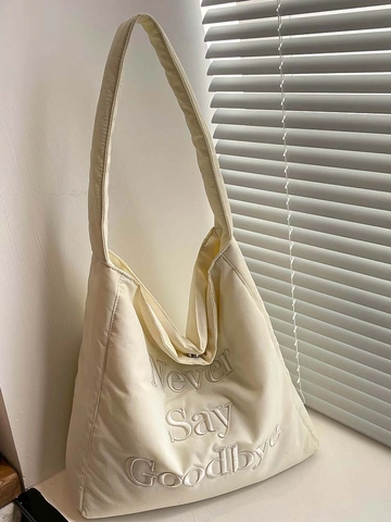 Bolso de Mano Acolchado de Gran Capacidad para Mujer Bordado de Letras Never Say Goodbye Bolso de Hombro Casual Puffer Hobo Bolso Escuela Diario