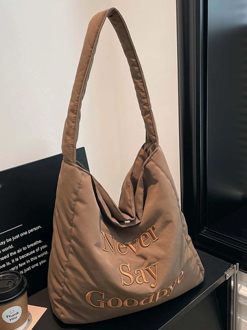Bolso de Mano Acolchado de Gran Capacidad para Mujer Bordado de Letras Never Say Goodbye Bolso de Hombro Casual Puffer Hobo Bolso Escuela Diario