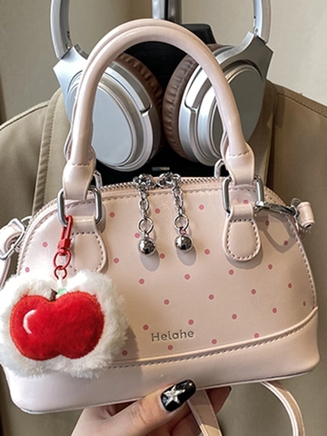 Bolso de Concha de Cuero PU Con Estampado de Lunares para Mujer Bolso de Mano de Moda Con Colgante de Manzana Pequeña Bandolera