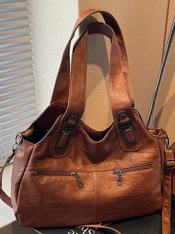 Donna Borsa a Mano Vintage Texture Semplice Moda Grande Capacità in Pelle PU Borsa a Tracolla Elegante Pendolare Ufficio Lavoro Borsa a Mano Tinta Unita Versatile Borsa Quotidiana