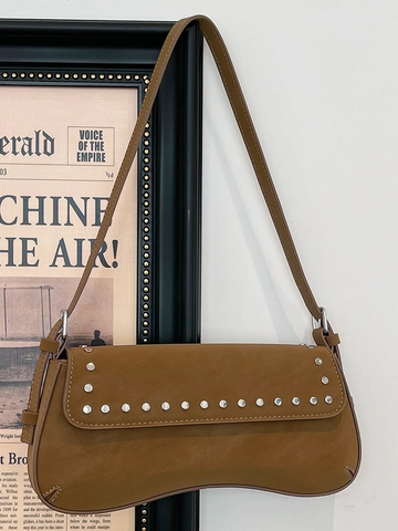 Borsa Sottobraccio in Pelle PU Vintage per Donna Con Decorazione a Borchie in Metallo Borsa a Spalla Retro Baguette