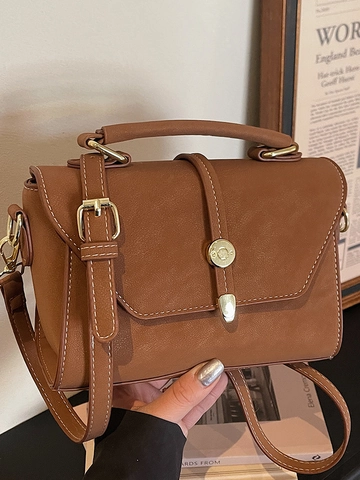 Vintage PU Leather Small Square Bag For Women Minimalist Contrast Stitching Handheld Shoulder Crossbody Bag Fashion Handbag