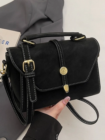 Vintage PU Leather Small Square Bag For Women Minimalist Contrast Stitching Handheld Shoulder Crossbody Bag Fashion Handbag