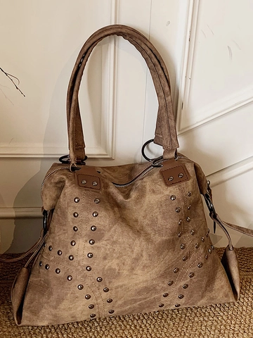 Retro Rivet Large Capacity Tote Bag For Women PU Leather Urban Minimalist Shoulder Bag Solid Color Fashion Underarm Handbag