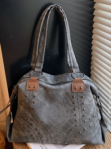 Retro Rivet Large Capacity Tote Bag For Women PU Leather Urban Minimalist Shoulder Bag Solid Color Fashion Underarm Handbag