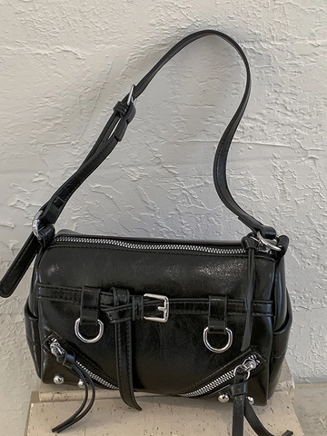 Women Moto Style PU Leather Shoulder Bag Retro Punk Y2K Crossbody Bag With Decorative Zippers Tassels Mini Pillow Bag