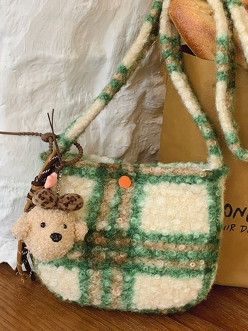 Women's Plush Leopard Plaid Crossbody Bag Vintage Sherpa Fleece Shoulder Bag With Cute Bear Charm Casual Fashion Purse