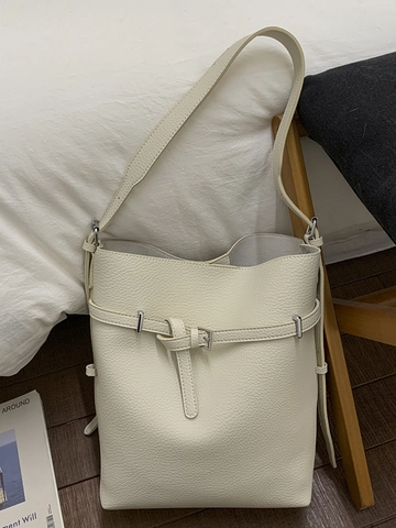 Borsa a Secchiello Minimalista da Donna a Grande Capacità in Pelle PU Motivo Litchi Borsa a Tracolla Retro Fashion Casual Tote Con Tracolla Regolabile