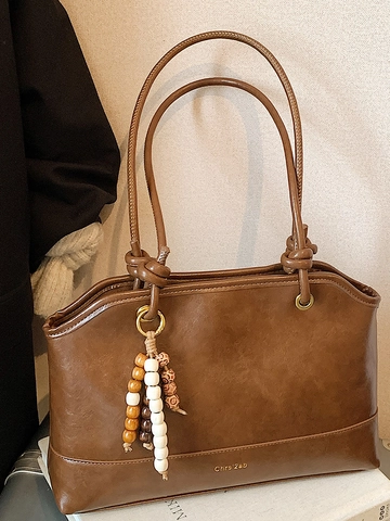 Bolso Tote Retro de Gran Capacidad para Mujer Bolso de Hombro de Cuero PU con Borla de Cuentas Bolso de Axila Informal de Nicho