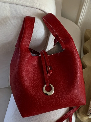 Women Lychee Pattern PU Leather Bucket Bag Minimalist Sophisticated Retro Style Handbag With Silver Ring Decoration Daily