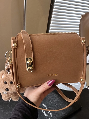 Women's PU Leather Small Square Bag Urban Minimalist Crossbody Shoulder Bag with Plush Bear Pendant and Stitching Detail