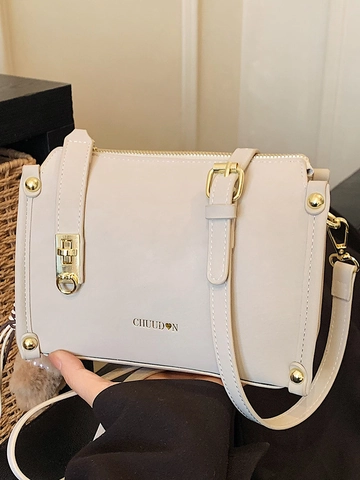 Women's PU Leather Small Square Bag Urban Minimalist Crossbody Shoulder Bag with Plush Bear Pendant and Stitching Detail
