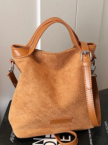 Borsa a Secchiello da Donna in Pelle Scamosciata PU Patchwork Borsa a Tracolla Minimalista Elegante Borsetta Casual Versatile