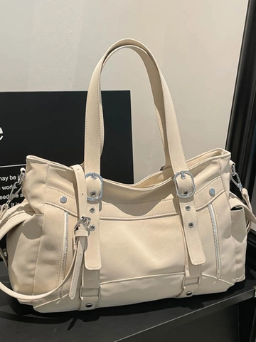 Sac Fourre-Tout Femme en Cuir PU Grande Capacité Style Punk Vintage Sac à Épaule Multi Poches Avec Boucles Cloutées