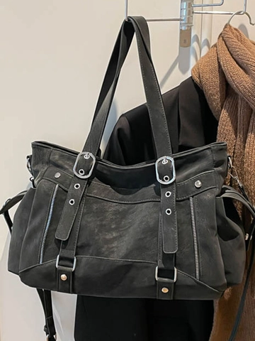 Sac Fourre-Tout Femme en Cuir PU Grande Capacité Style Punk Vintage Sac à Épaule Multi Poches Avec Boucles Cloutées