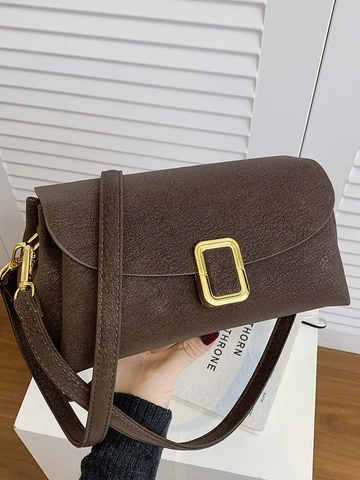 Women Minimalist PU Leather Square Crossbody Bag Retro Solid Color Shoulder Bag With Gold Metal Buckle Daily Commute Purse