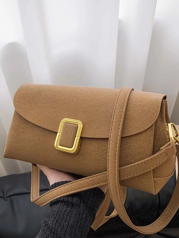Women Minimalist PU Leather Square Crossbody Bag Retro Solid Color Shoulder Bag With Gold Metal Buckle Daily Commute Purse