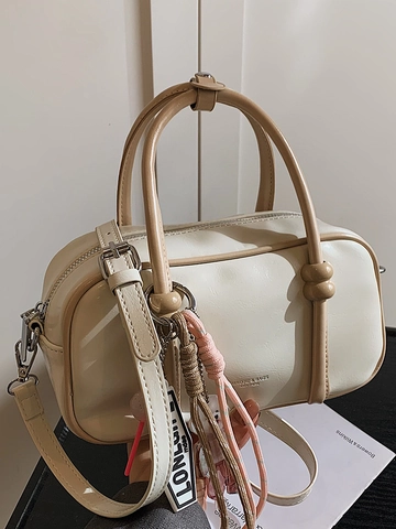 Damen Mode Minimalistisch Bowling Tasche Kontrastfarbe PU Leder Boston Handtasche Mit Abnehmbarem Gurt Kleine Umhängetasche