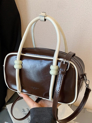 Damen Mode Minimalistisch Bowling Tasche Kontrastfarbe PU Leder Boston Handtasche Mit Abnehmbarem Gurt Kleine Umhängetasche