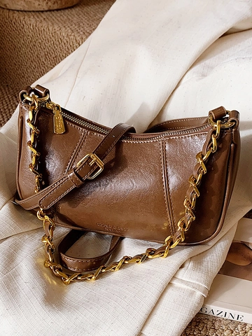 Bolso Hobo de Cuero PU Vintage para Mujer Bolso de Hombro Chic en Media Luna Con Cadena Dorada Bolso Retro Cruzado Regalo