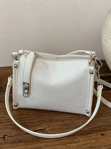 Vintage PU Leather Crossbody Bag For Women Minimalist Wrinkled Texture Small Square Bag With Silver Rivets Metal Lock Handbag