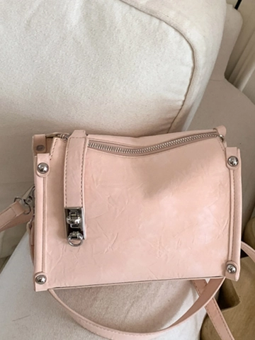 Vintage PU Leather Crossbody Bag For Women Minimalist Wrinkled Texture Small Square Bag With Silver Rivets Metal Lock Handbag