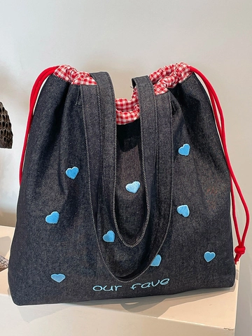 Bolso Tote de Denim para Mujer con Bordado de Corazón y Cordón Bolso de Hombro con Forro de Cuadros Gran Capacidad Casual