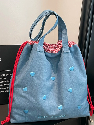 Bolso Tote de Denim para Mujer con Bordado de Corazón y Cordón Bolso de Hombro con Forro de Cuadros Gran Capacidad Casual