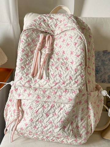 Kawaii Quilted Bow Print Backpack For Women Large Capacity School Bag With Plush Doll Pendant Lightweight Nylon Rucksack