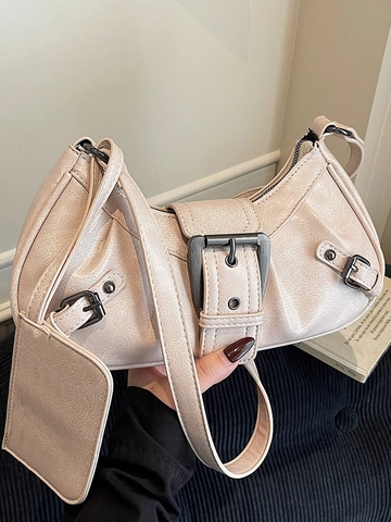 Sac Sous l'Aisselle pour Femmes Style Moto Vintage Cuir PU Plissé Sac Hobo Avec Pochette Détachable Sac à Épaule Rétro