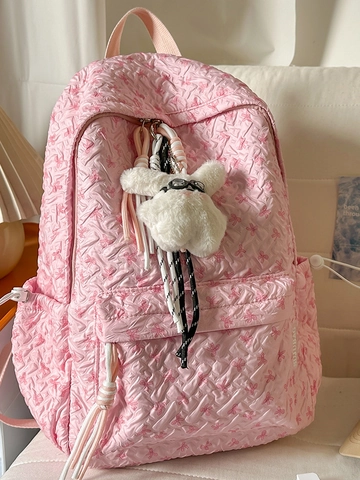 Kawaii Quilted Bow Print Backpack For Women Large Capacity School Bag With Plush Doll Pendant Lightweight Nylon Rucksack