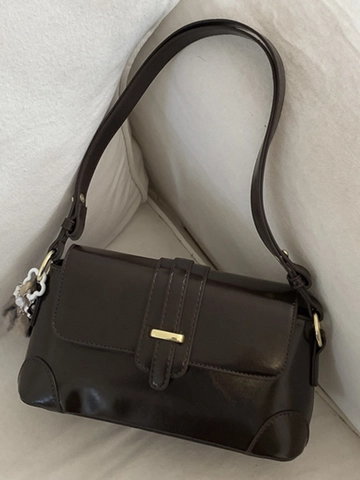 French Vintage PU Leather Underarm Bag For Women Solid Color Shoulder Bag With Metal Buckle And Stylish Pendant Daily Use