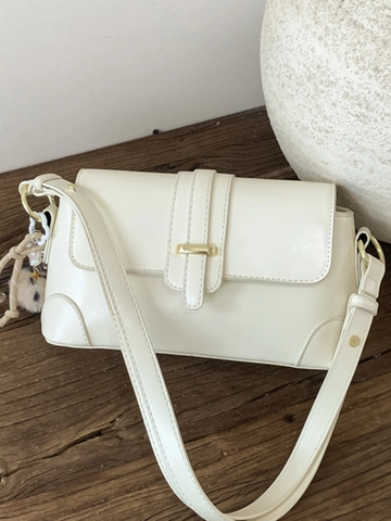 French Vintage PU Leather Underarm Bag For Women Solid Color Shoulder Bag With Metal Buckle And Stylish Pendant Daily Use