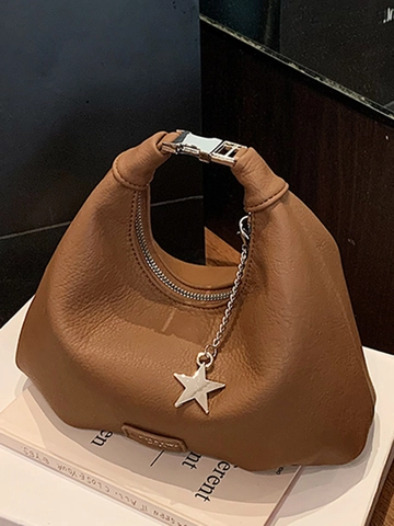 Vintage Litchi Grain PU Leather Bucket Bag For Women Star Pendant Urban Minimalist Hobo Handbag Commute Shoulder Crossbody Bag