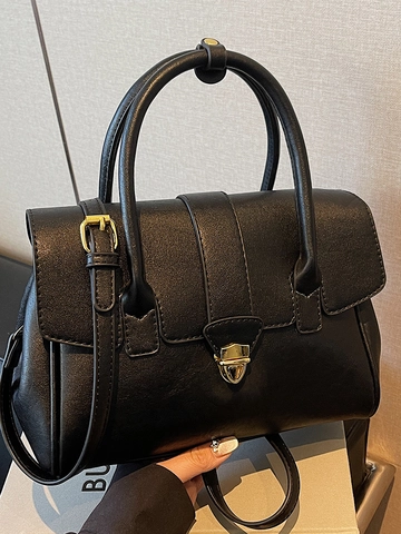 Women PU Leather Handbag Fashion Square Crossbody Bag Minimalist Office Commuter Shoulder Bag With Top Handle Gold Lock