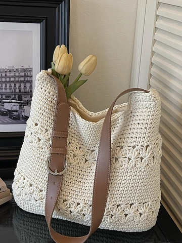Borsa Tote in Paglia Intrecciata di Grande Capacità per Donna Borsa a Tracolla All'uncinetto Floreale Traforata Vintage con Tracolla in PU