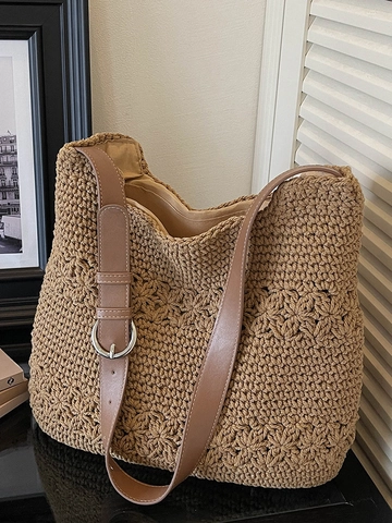 Borsa Tote in Paglia Intrecciata di Grande Capacità per Donna Borsa a Tracolla All'uncinetto Floreale Traforata Vintage con Tracolla in PU