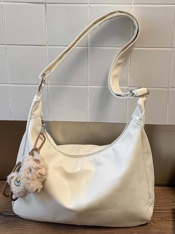 Vintage Large Capacity Tote Bag For Women Soft PU Leather Shoulder Bag Casual Solid Color Hobo Bag With Plush Pendant