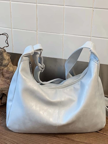 Vintage Large Capacity Tote Bag For Women Soft PU Leather Shoulder Bag Casual Solid Color Hobo Bag With Plush Pendant