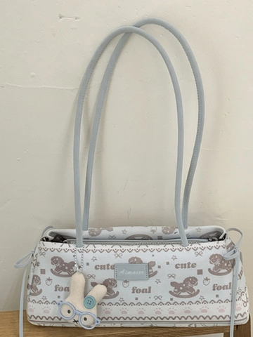 Borsa Sottobraccio Retro PU Donna Dolce Stampa Cavallo Fiocco di Neve Nordico Borsa Spalla Ciondolo Coniglio Kawaii Borsa Moda