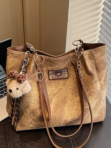 Bolso Tote de Oso de Peluche en Relieve para Mujer Gran Capacidad Cuir PU Bolso de Axila con Colgante