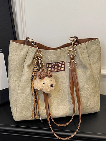 Bolso Tote de Oso de Peluche en Relieve para Mujer Gran Capacidad Cuir PU Bolso de Axila con Colgante
