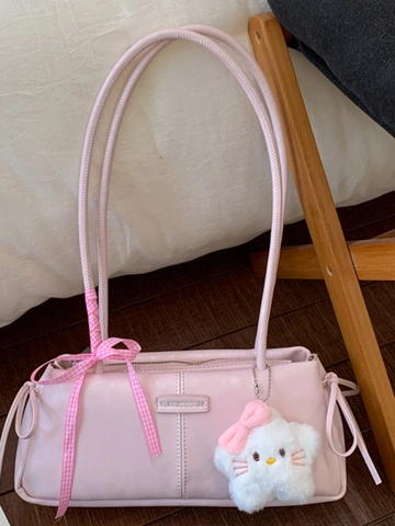Retro PU Leather Underarm Bag For Women Fashion Simple Shoulder Bag With Ribbon Bow And Plush Charm Trendy Daily Commuter Handbag