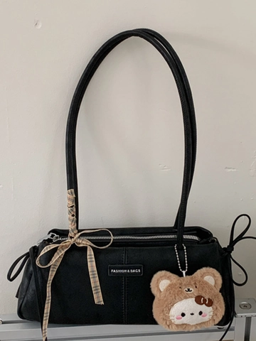 Retro PU Leather Underarm Bag For Women Fashion Simple Shoulder Bag With Ribbon Bow And Plush Charm Trendy Daily Commuter Handbag