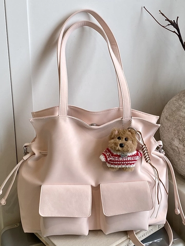 Sac Fourre-Tout en Cuir PU Grande Capacité pour Femme Style Coréen Avec Poches et Pendentif Ours Sac à Épaule pour Bureau