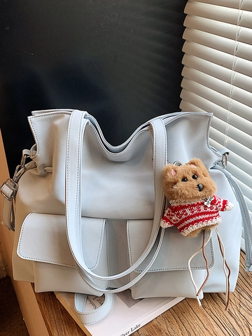 Sac Fourre-Tout en Cuir PU Grande Capacité pour Femme Style Coréen Avec Poches et Pendentif Ours Sac à Épaule pour Bureau