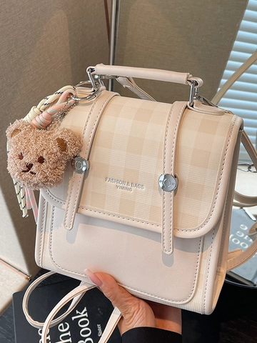 Retro Plaid Women Mini Backpack PU Leather Small Shoulder Bag With Bear Charm Contrast Color Crossbody Bag For Casual Travel