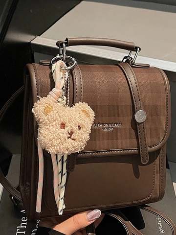 Retro Plaid Women Mini Backpack PU Leather Small Shoulder Bag With Bear Charm Contrast Color Crossbody Bag For Casual Travel